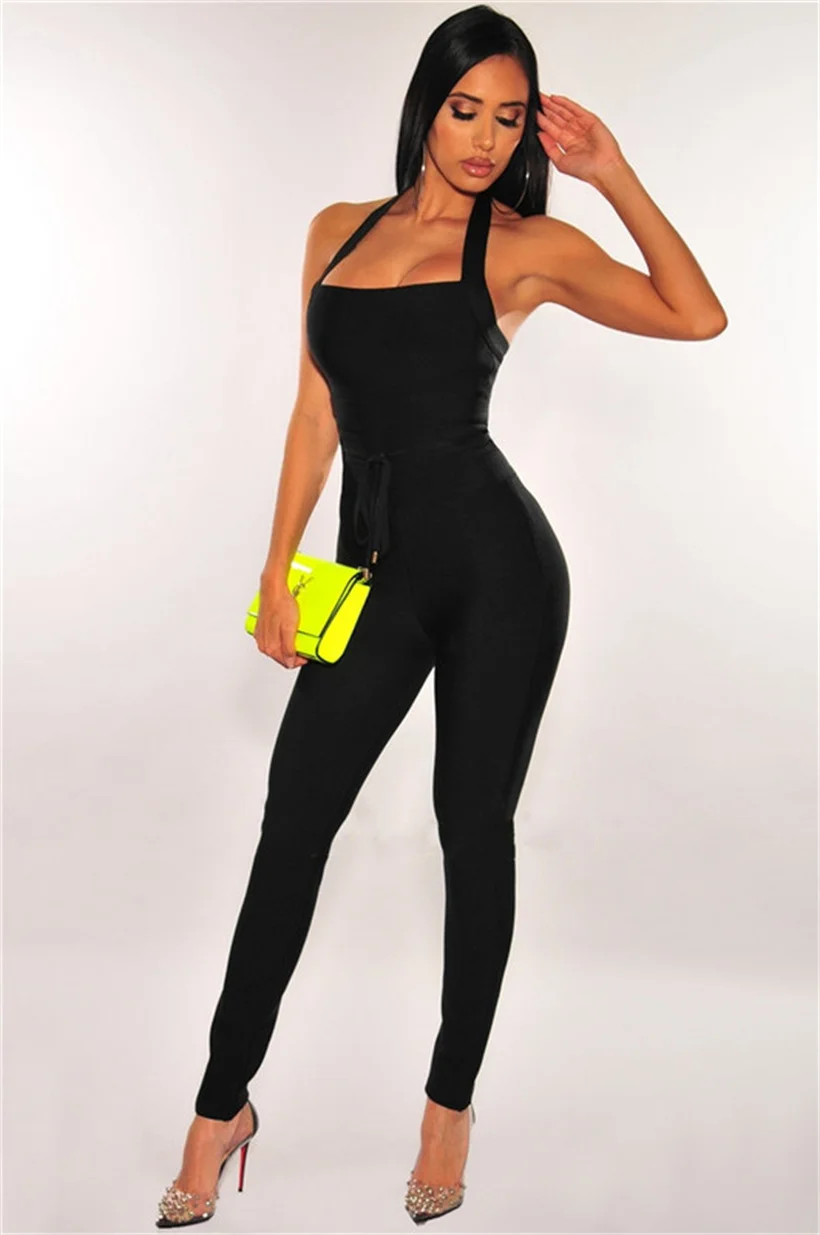 2023 High Quality Black Women Turtleneck Neck Rayon Bandage Sexy Bodycon Celebrity Party Jumpsuits Vestidos