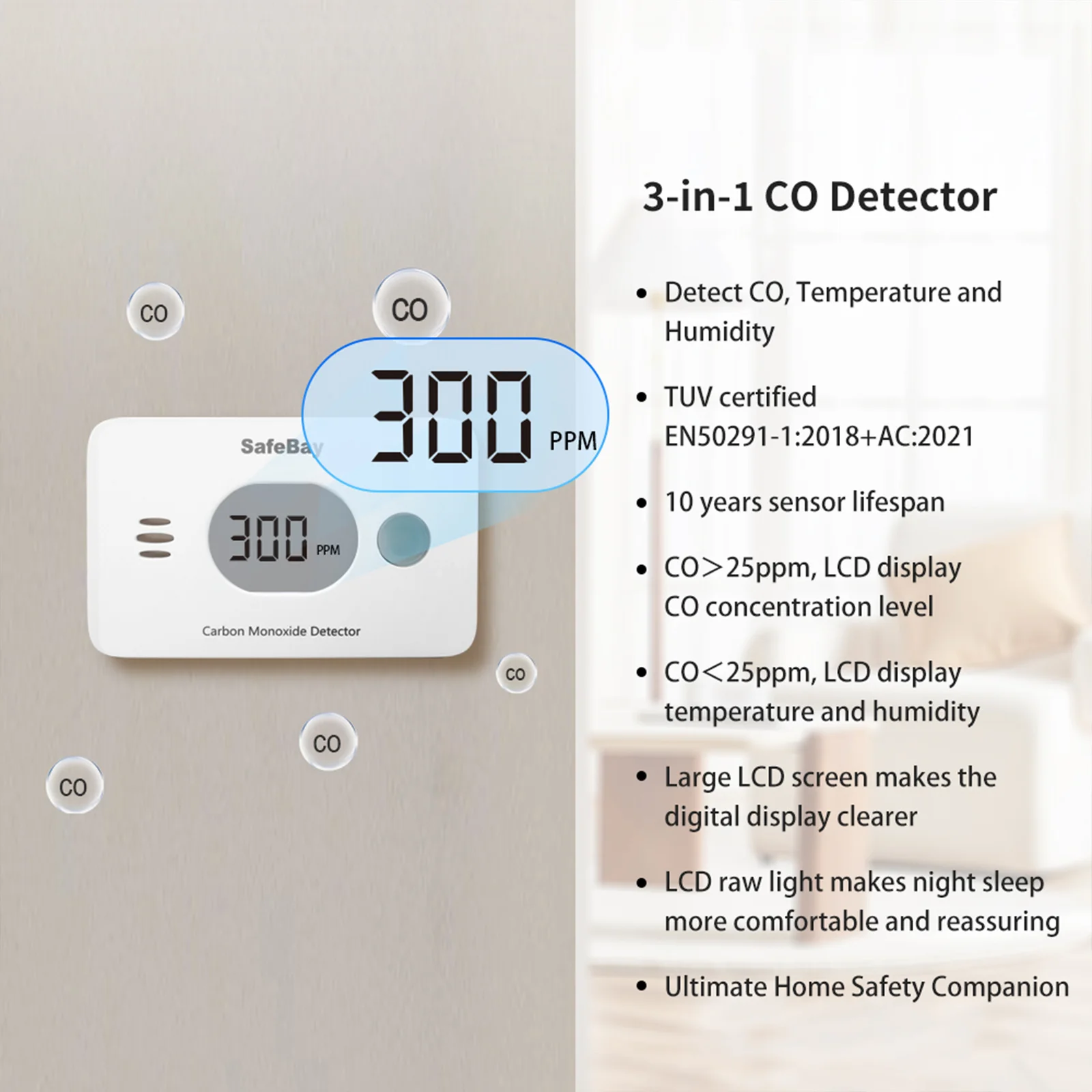 CPVAN Wireless 3-in-1 Carbon Monoxide Detector with Temperature & Humidity for Home Security Protection CO Alarm 85dB EN 50291