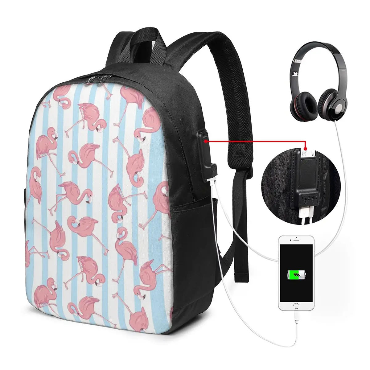 Pink Striped Flamingo Backpack Travel Notebook Bag Computer College Student School Bag Laptop Shoulder Bags for Men Women