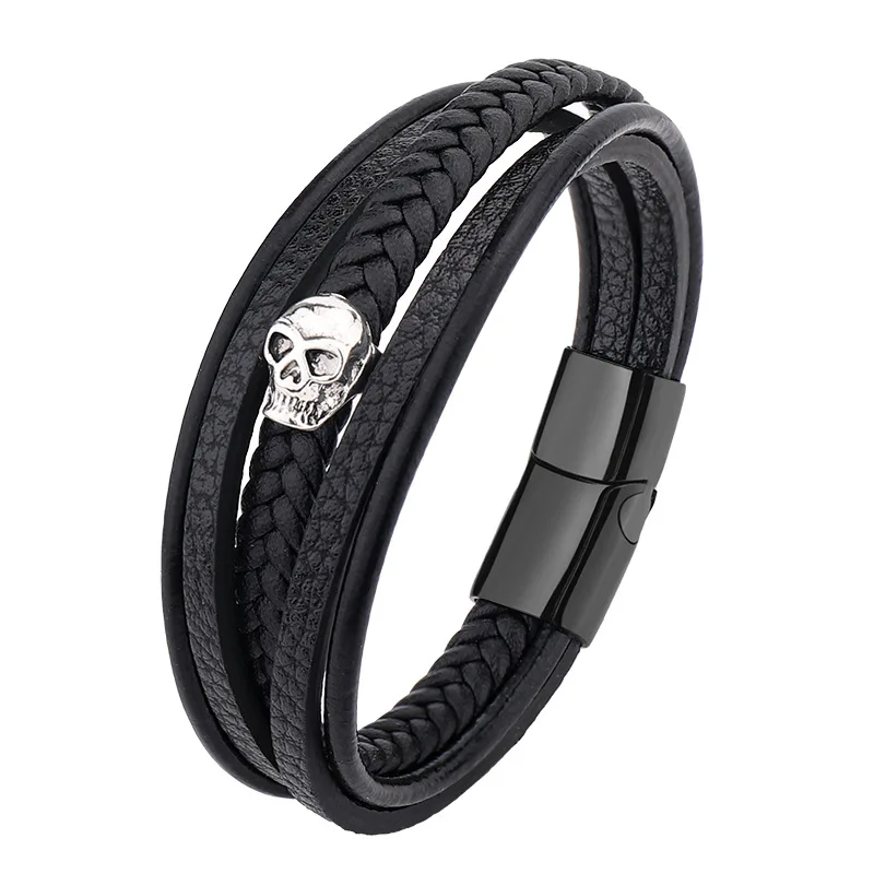Stylish Punk Skull Leather Bracelet Titanium Steel Magnetic Clasp Braided European American Bracelets Fashion Jewelry for Male