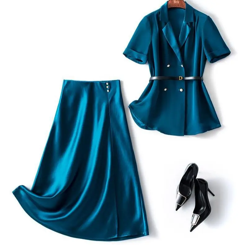 Women Autumn Office Acetate Satin Dress Suit Jacket Coat Top And SundressTwo Piece Set Outfit Solid French Workwear Clothing