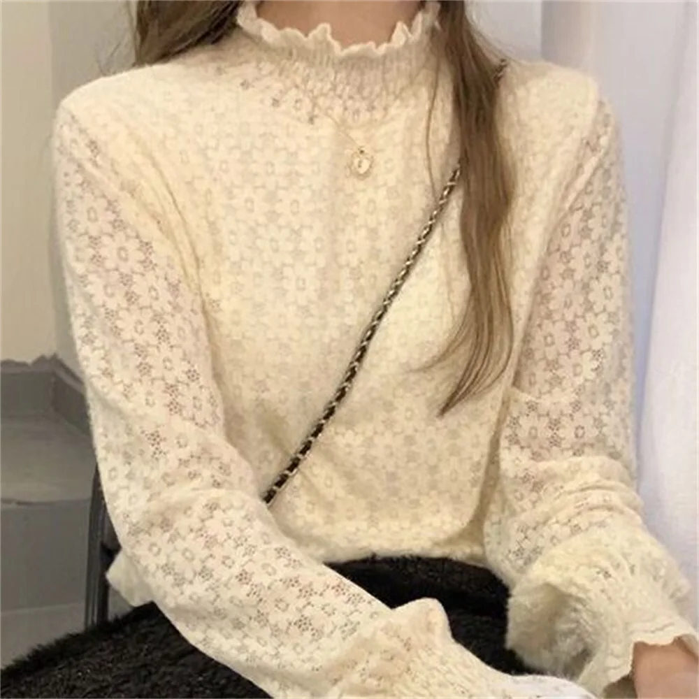 With velvet women long sleeve Women Blouse Autumn Winter Lace Long Sleeve Shirt Top Shirt Women Blusas Ropa De Mujer