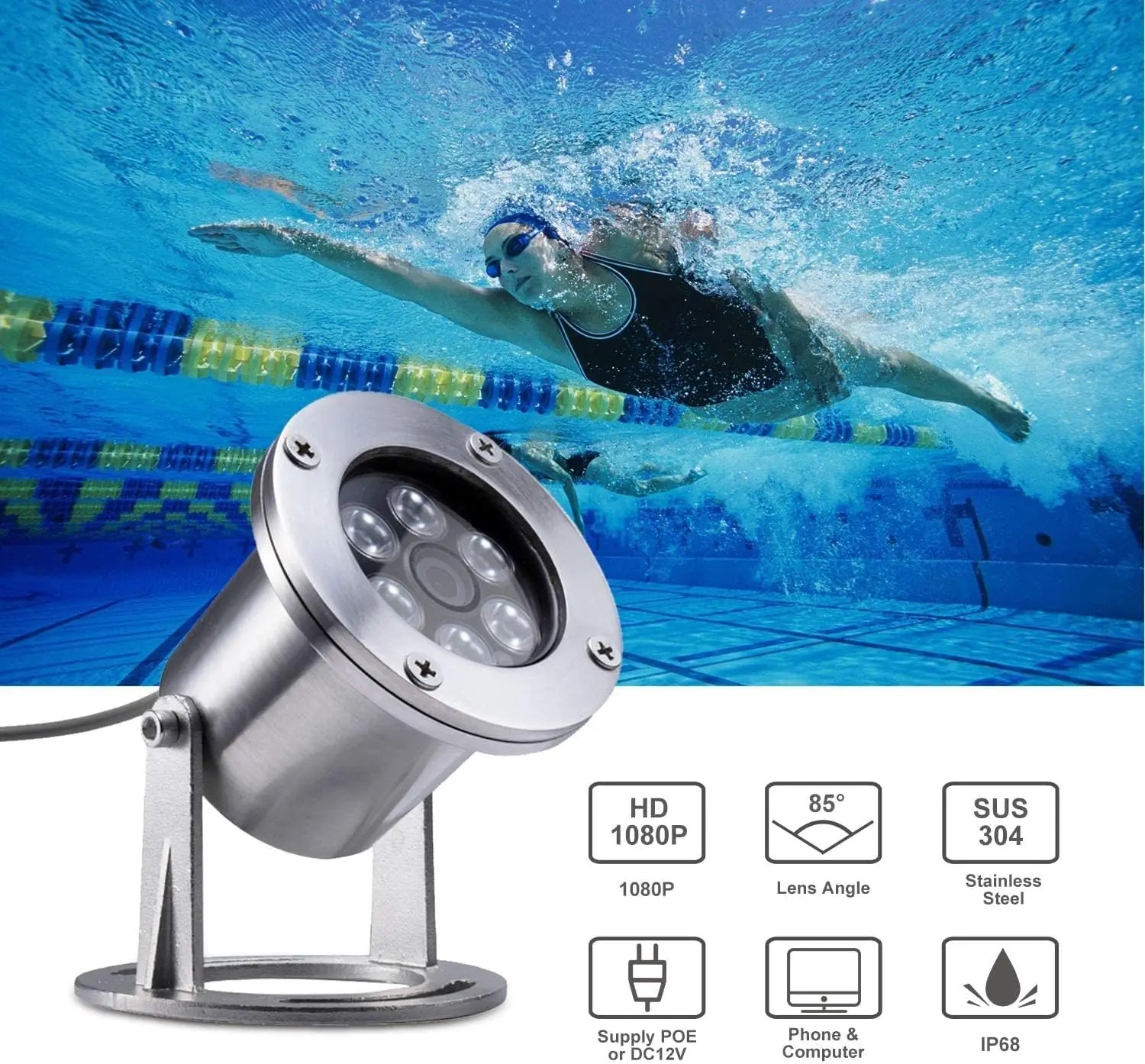 Waterproof HD 5MP Underwater Cmra 304 Stainless Steel Aquarium Cmra Swimming Pool POE Cmra 4K Customizable