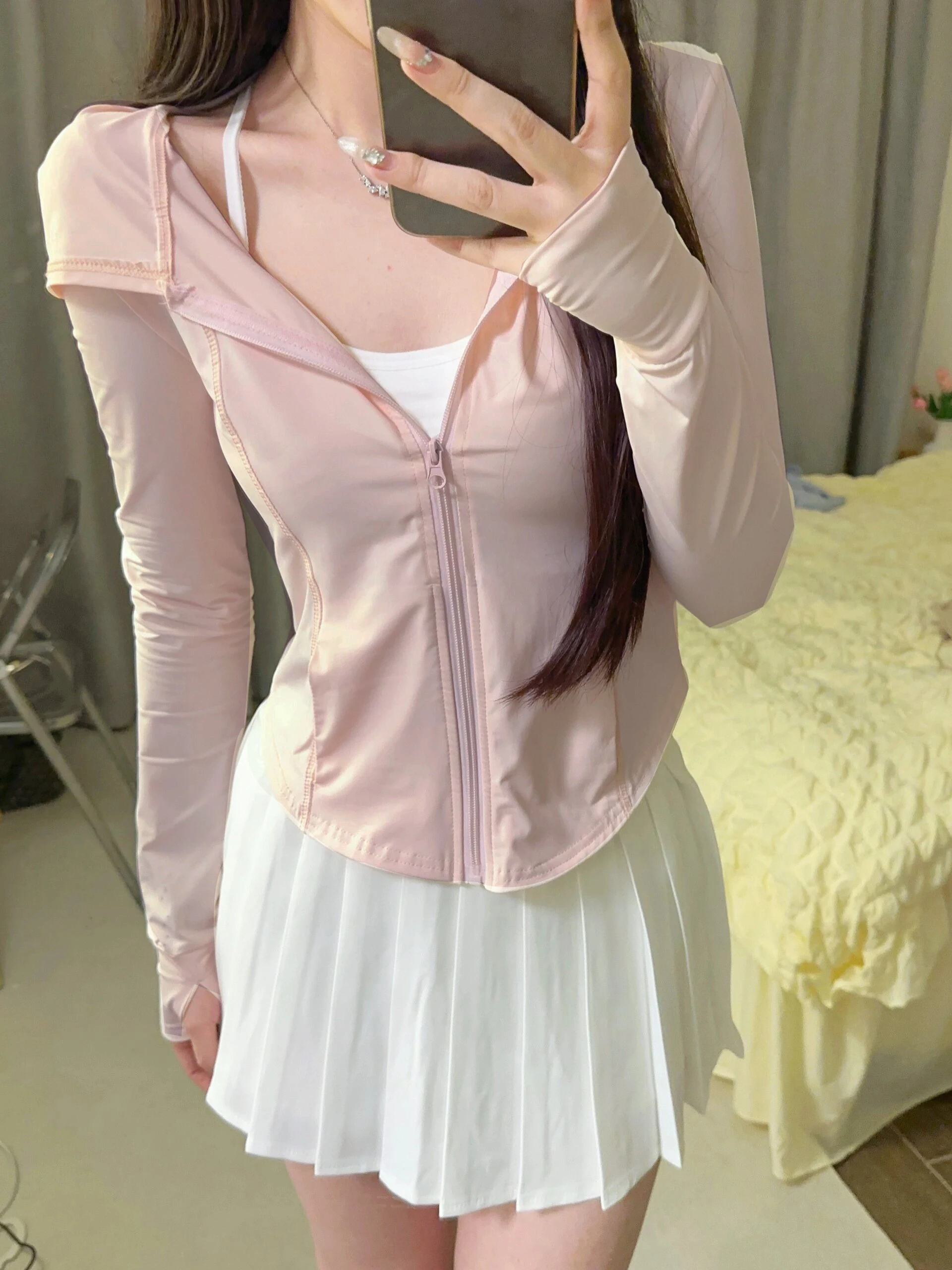Pink Ice Silk Slim Fit Yoga Outerwear Summer New Style Thin Cardigan Women's Sun Protection Clothing Close-Fitting Top