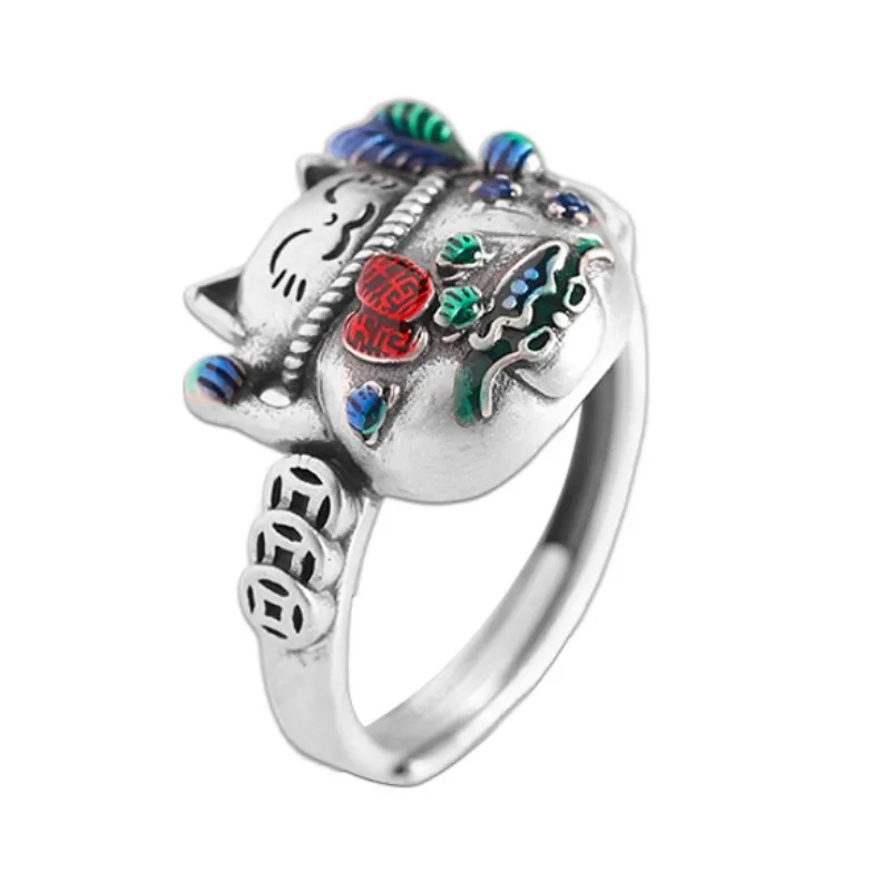 S925 Sterling Silver Rings for Women New Women's Fashion Enamel Ancient Coins Lucky Cat Pure Argentum Jewelry