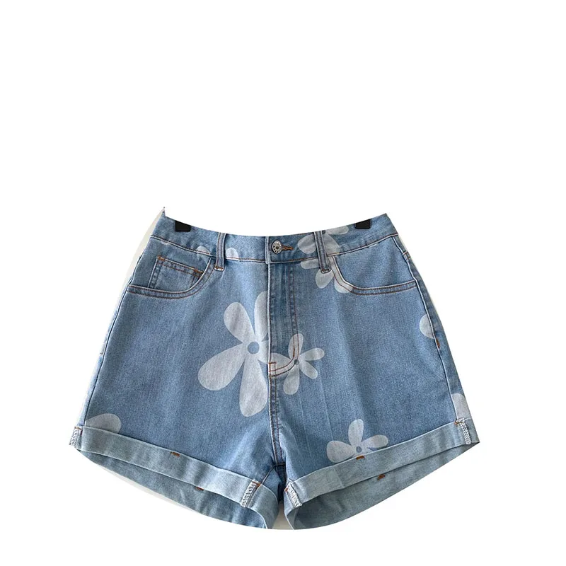 Print Denim Shorts Casual Korean Style High Waist Slim Daily Original Design Ladies Summer Floral Hotsweet Mini Shorts