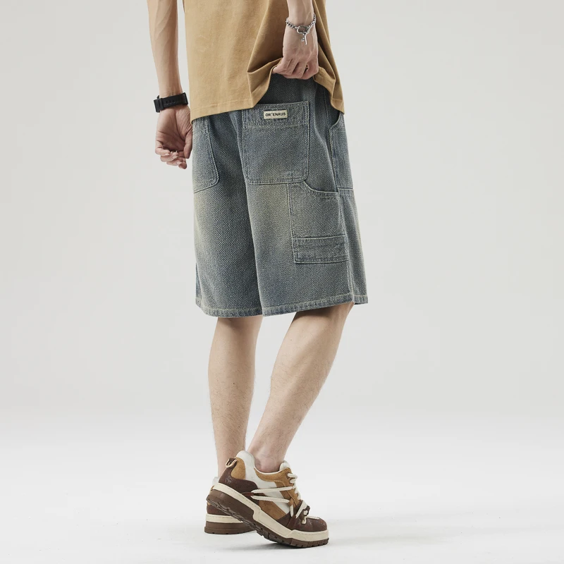 ผู้ชายฤดูร้อน DENIM กางเกงขาสั้นสินค้าหลวม Fit ขาตรง Distressed ล้างความยาวกลาง Casual VINTAGE กางเกงขาสั้นหลายกระเป๋า