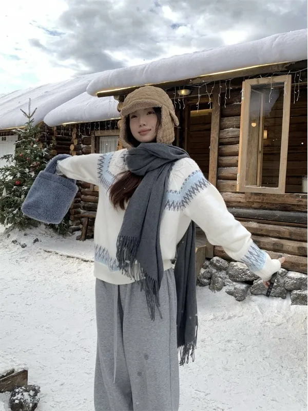 

Bla Cheese Winter Lazy Fair Isle Color Blo Loose Knitted Sweater Versatile Comfortable Warm Thiened Long Sve round Ne