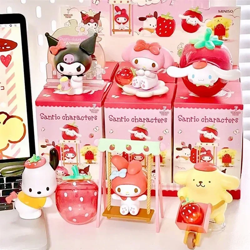 Cute Sanrio Strawberry Estate Series Blind Box Kuromi My Melody Cinnamoroll Cartoon Character Model Pom Pom Purin Doll Gift Toy