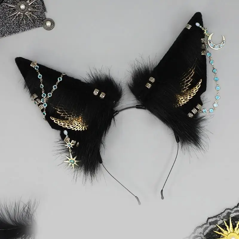 

39BB повязка на голову в форме мультяшных волчьих ушей для взрослых с висячими украшениями, пасхальный обруч для волос