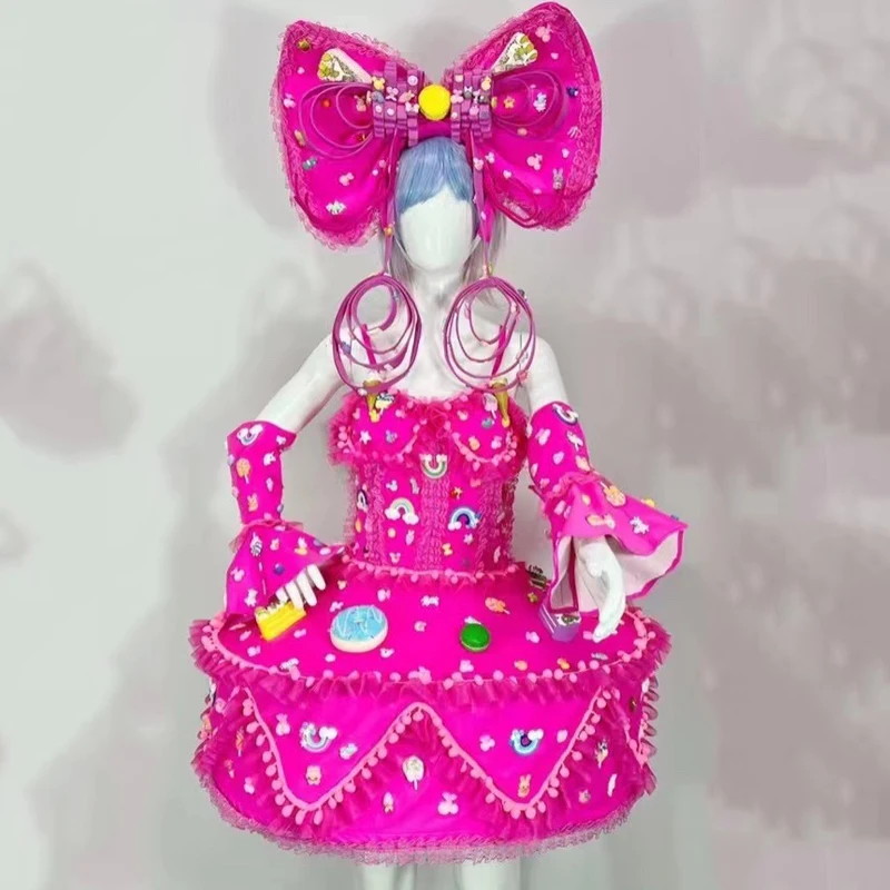 Nuevos trajes de actuación escénica de cantante femenina, tocado con lazo grande, vestido de pastel de caramelo, disfraces de actuación, trajes de fiesta Rave
