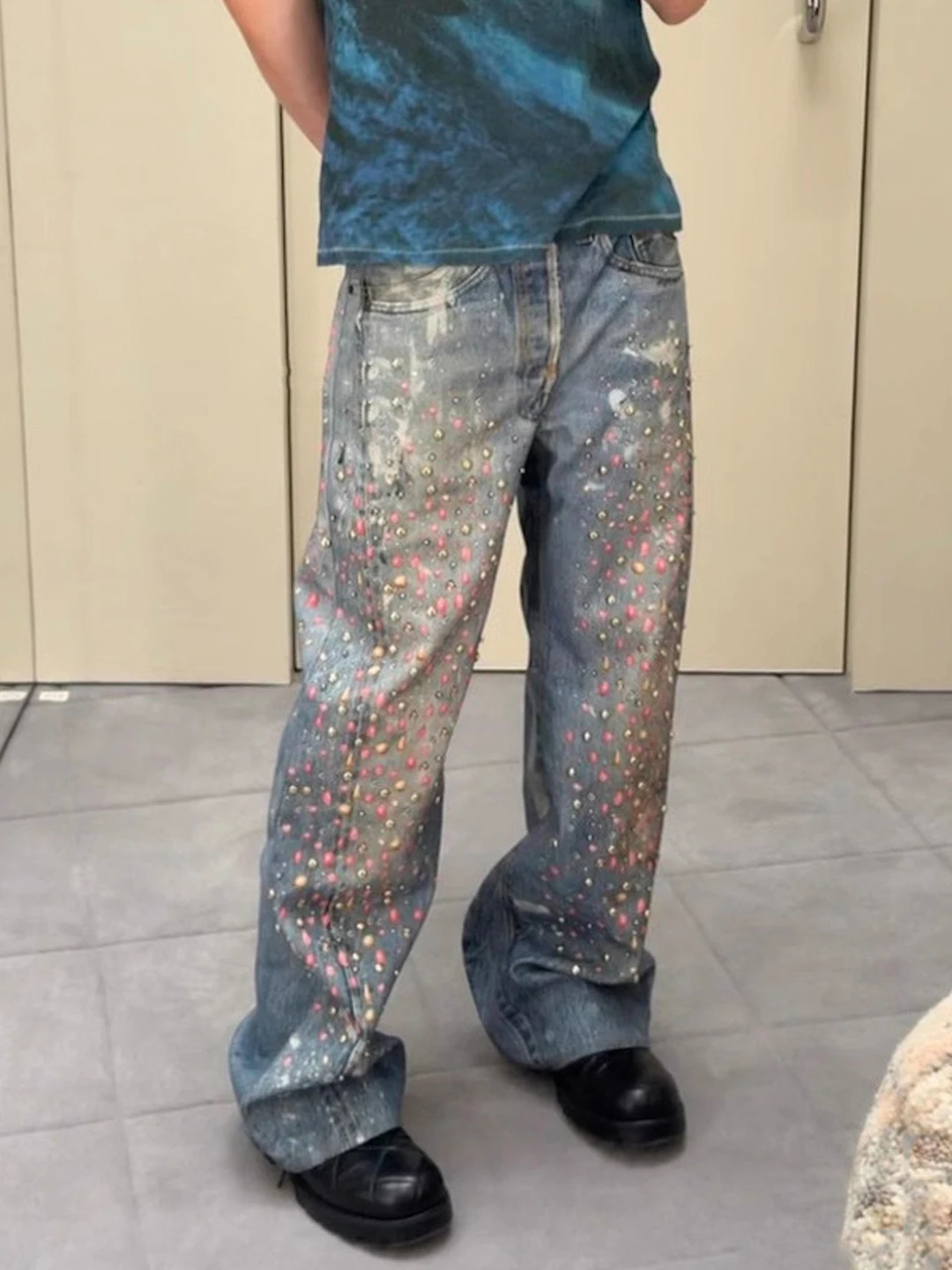 

Мужские джинсы Mijko в американском уличном стиле с 3D-принтом, свободного кроя, с эффектом потертости, повседневные, прямые, широкие штанины