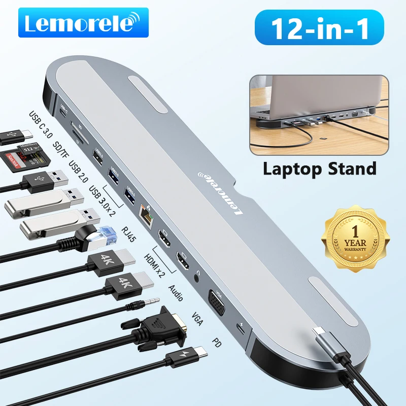 Lemorele USB C 허브 도킹 스테이션, USB C 허브, 노트북 맥북용, 4K VGA, 3.5mm 오디오, RJ45, USB PD 충전, TC28