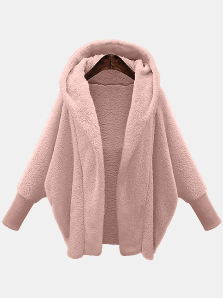 Women Fleece Hooded Solid Cardigan Jacket Fashion Warm Coat Ladies Casual Plush Autumn Winter Long Sleeve Tops 2024