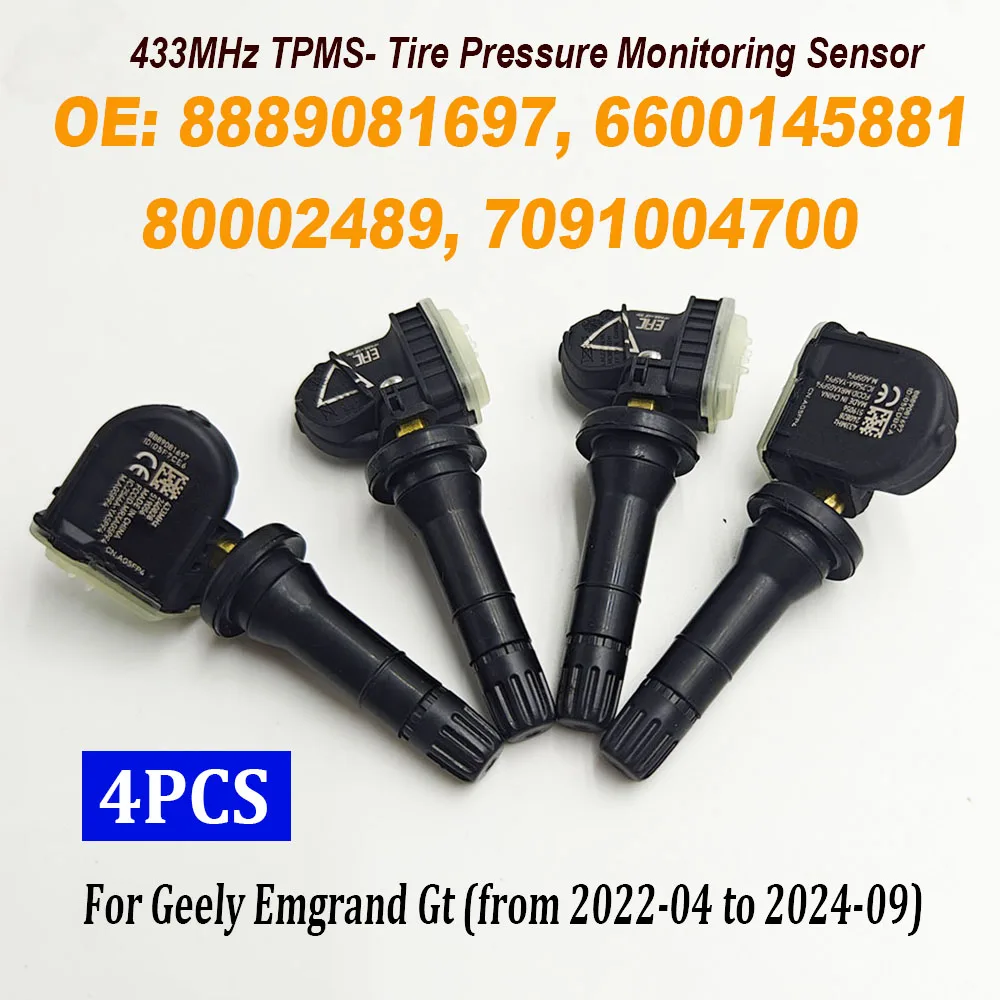 4PCS 8889081697 433MHz TPMS Tire Pressure Monitor Sensor 6600145881 80002489 7091004700 For Geely FY11 Monjaro Atlas Emgrand