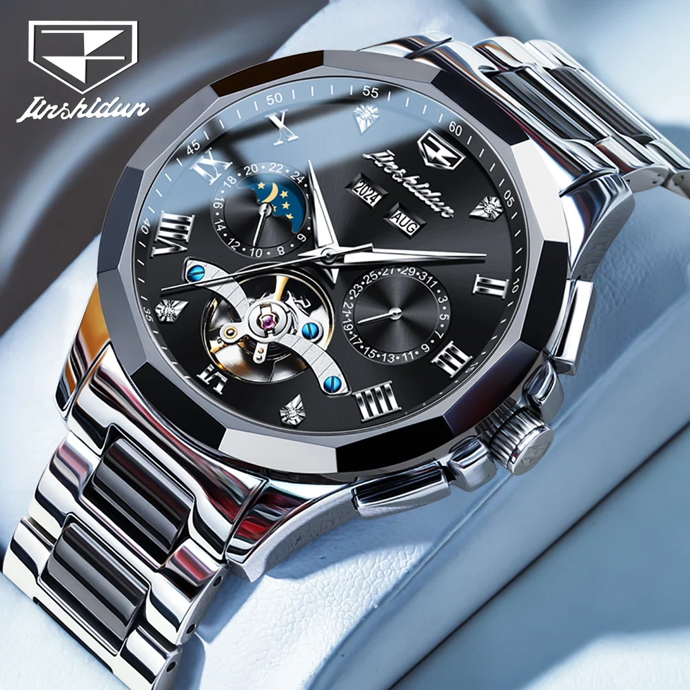 JSDUN Original Stainless Steel Luxury Business Watch for Men Luminous Dual Calendar Multifunction Automatic Mechanical Watch Men