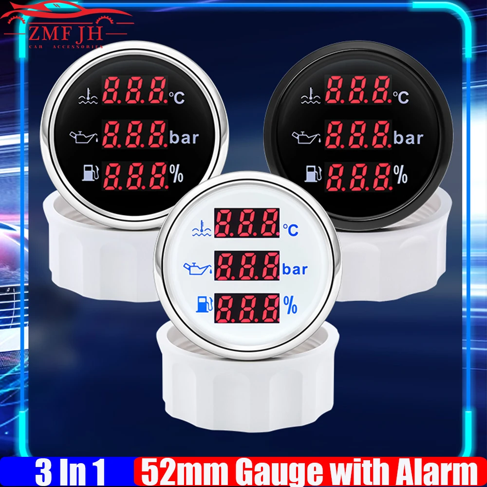 

Digital 3 In 1 Water Temp Meter+Oil Pressure Meter+Fuel Gauge Red Light 0-190 Ohm 52mm Gauge with Alarm for Auto Boat 12V 24V