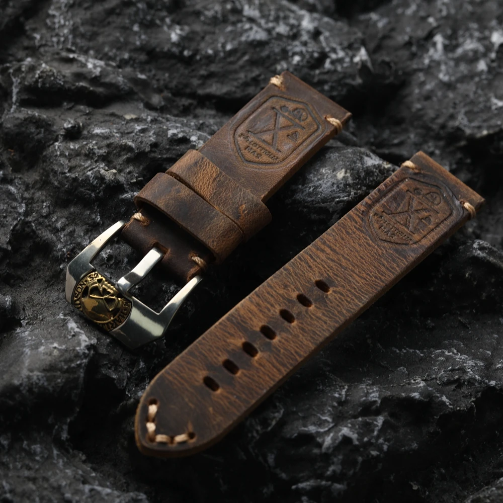 Handmade White Copper Buckle Brown Head Cowhide Strap 20MM 22MM 23MM 24MM Vintage Rugged Style Folded Genuine Leather Bracelet