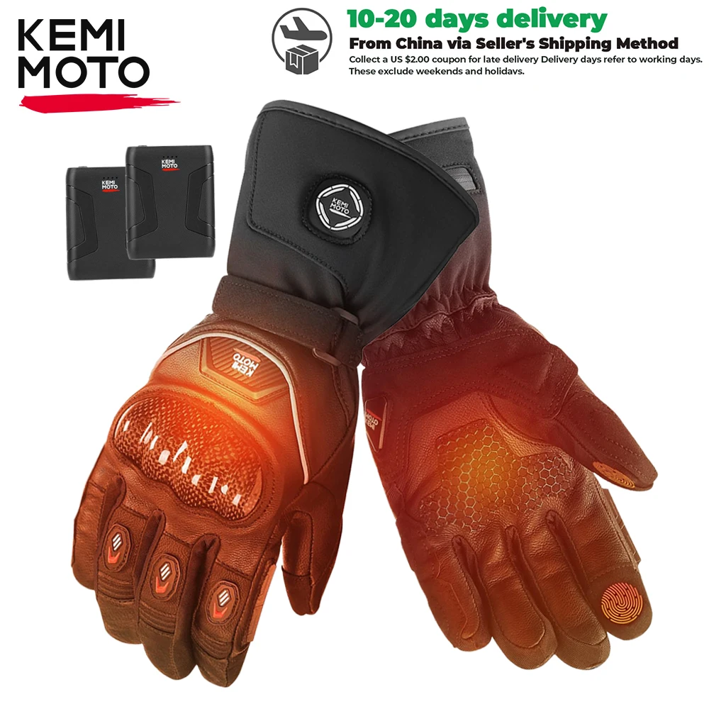 

KEMIMOTO CE 2KP Leather Heated Moto Gloves Winter Motorcycle Waterproof Touch Screen Ski Camping Heated Gloves Battery Motorbike
