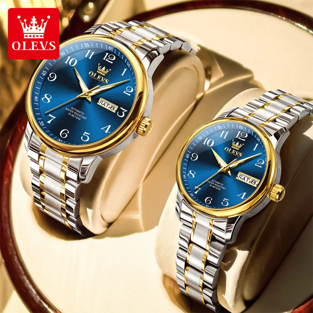 ساعات أوتوماتيكية OLEVS 7072 للرجال والنساء من الفولاذ المقاوم للصدأ مقاومة للماء بتقويم مزدوج وساعة يد ميكانيكية مضيئة للزوجين