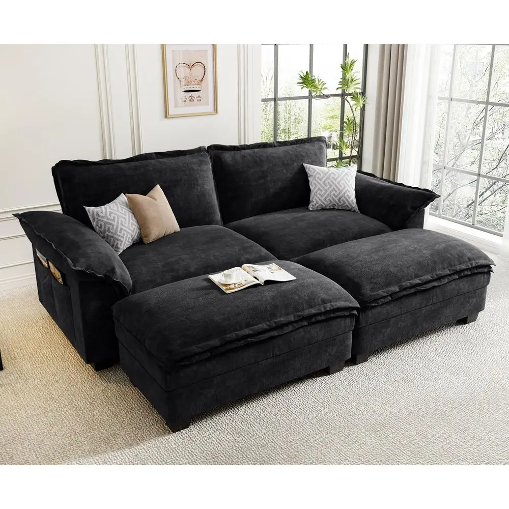 

Sectional Modular Sofa Bed, 4 Seater Cloud Couch with Ottoman, Chenille Sectional Couches for Living Room, Apartment, Black