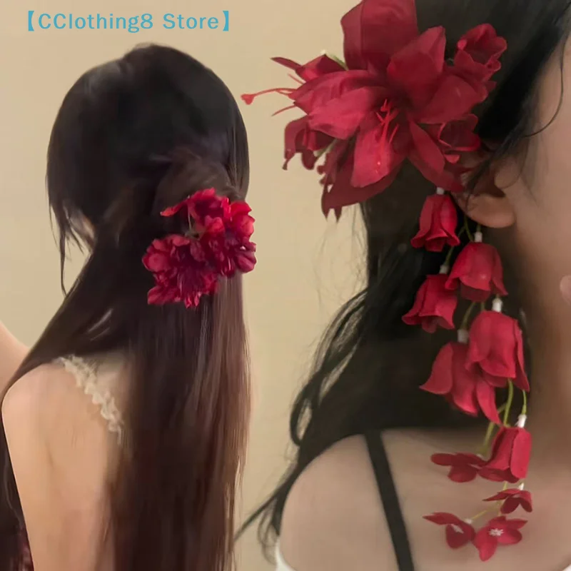 Red Lily Of The Valley Lily Tassels Hairpins Flower Petal Duckbill Hairgrip Simulation Flower Headdress Accessory【AliS8】