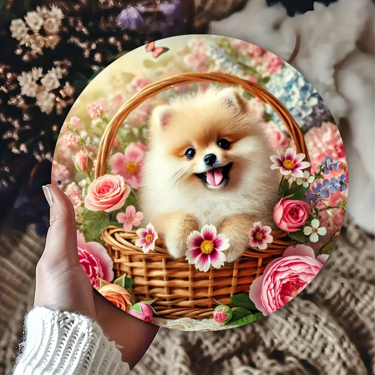 [2D Flat] A 7.8X7.8 Inch (20X20 Cm) 2D Printed Metal Sign Featuring a Dog And Flower Basket Theme, Suitable for Door Decoration,