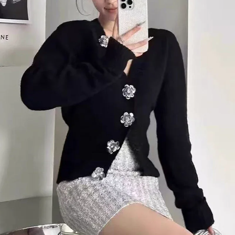 Women Clothing Spring Autumn Trendy Vintage Sweet Chic Cardigan Y2K Solid V Neck Long Sleeve Slim Fairy Kintted Sweater Buttons