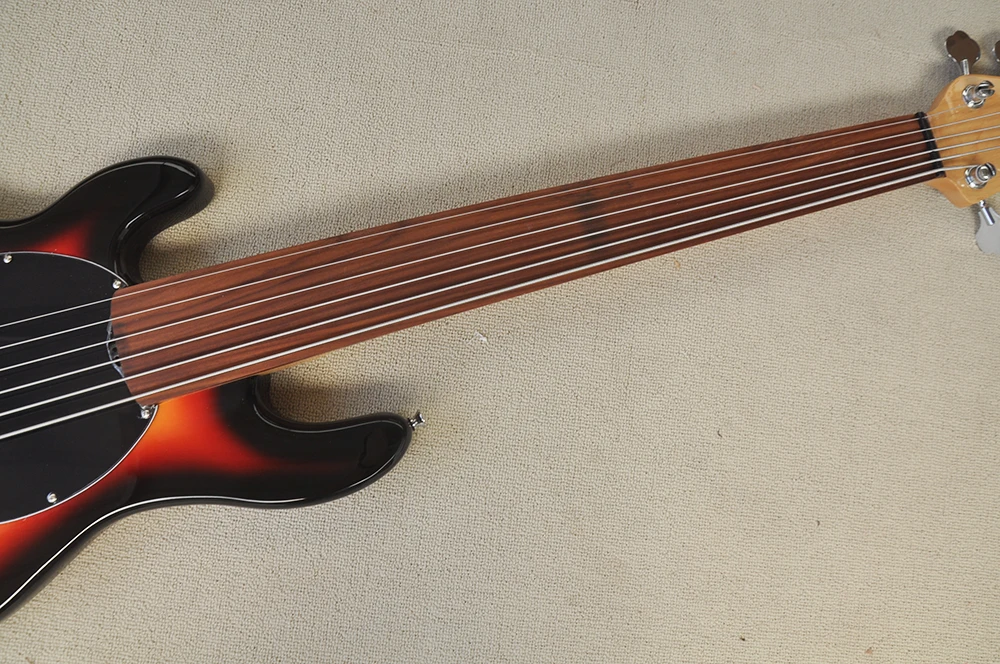 6 Strings Fretless Tobacco Sunburst Electric Bass Guitar with Rosewood Fretboard,Left Hand