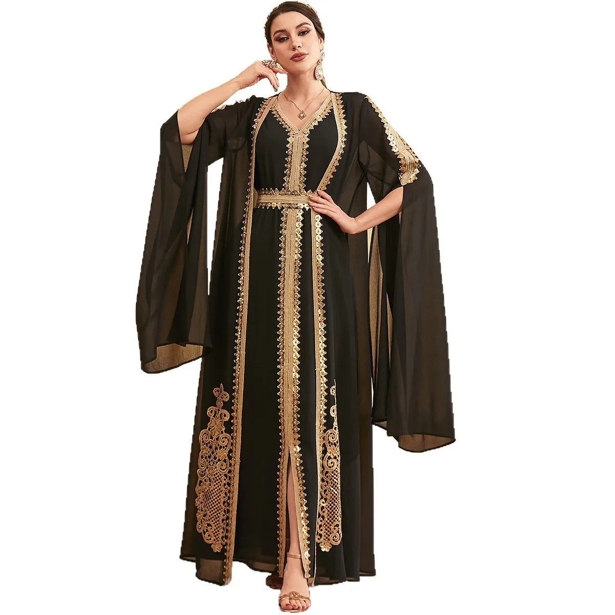 Médio oriente árabe muçulmano nova moda feminina bordado casual na moda solto elegante 2 peça define cardigan casaco vestidos femininos
