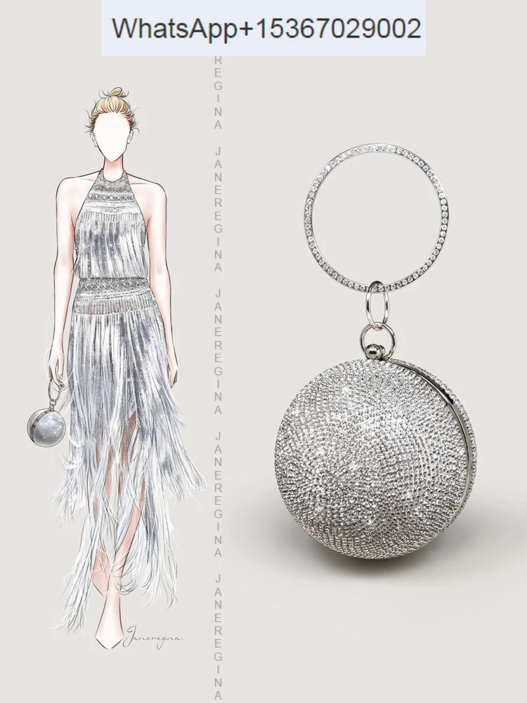 

Show style spherical bag, silver full diamond dress bag, new women's small circular ring handbag, metal texture banquet bag