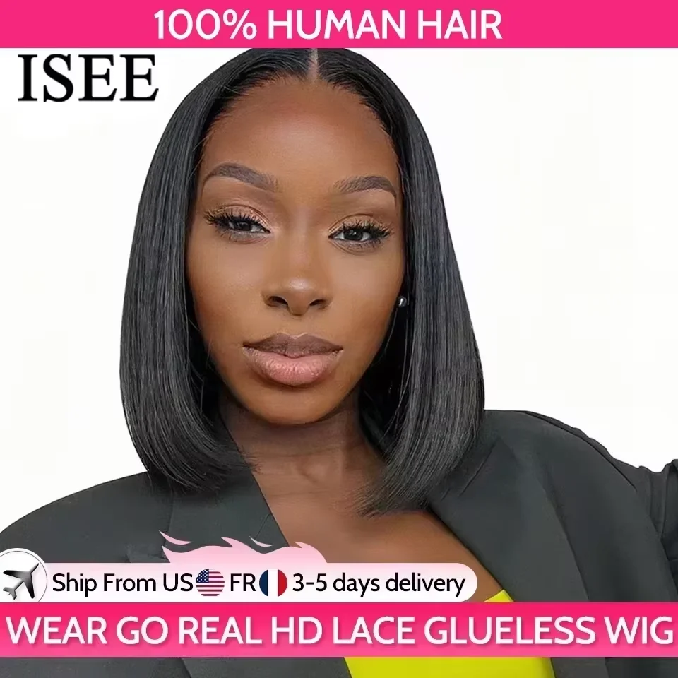 

ISEE HAIR Wear And Go Glueless Human Hair Wig Bob HD Lace Straight Short Bob 6x4 Lace Frontal Pre Plucked Human Wigs Ready To Go