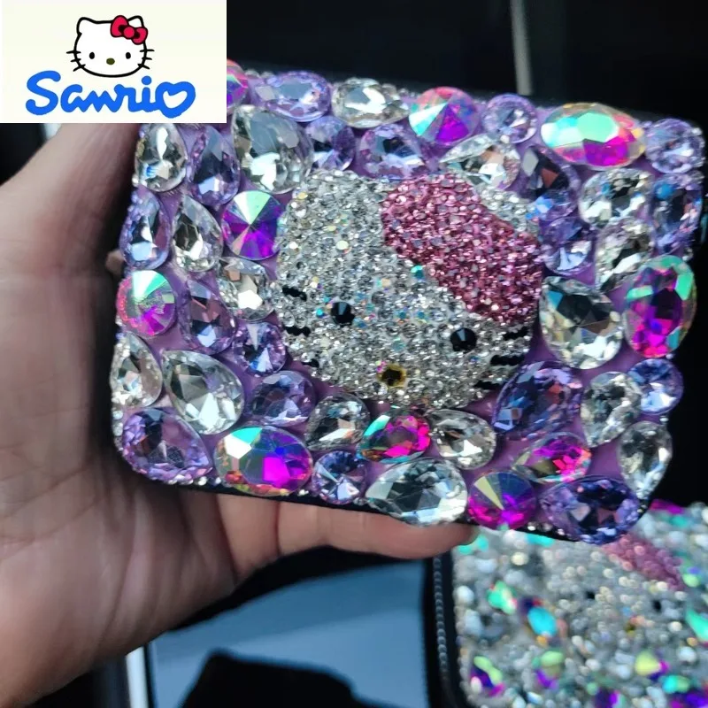 Sanrio High Quality Diamond Set Hello Kitty Sparkling Diamond Cartoon Card Bag for Women Multi functional Storage Wallet