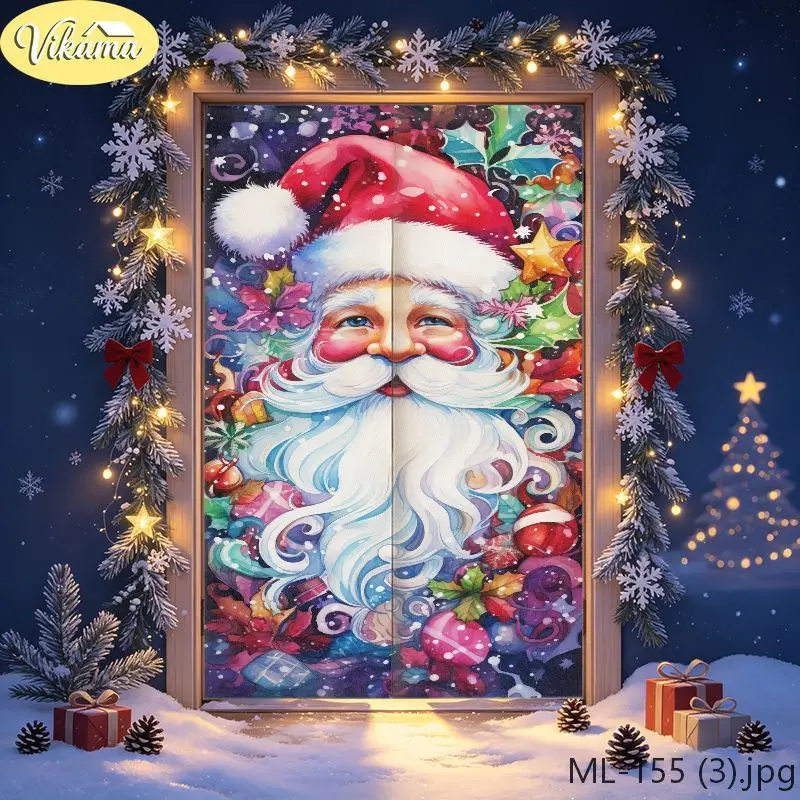 Santa Claus Christmas Door Curtain Night Sky Pattern Double Door Hanging Xmas Decoration for Home Holiday Winter Festival Decor