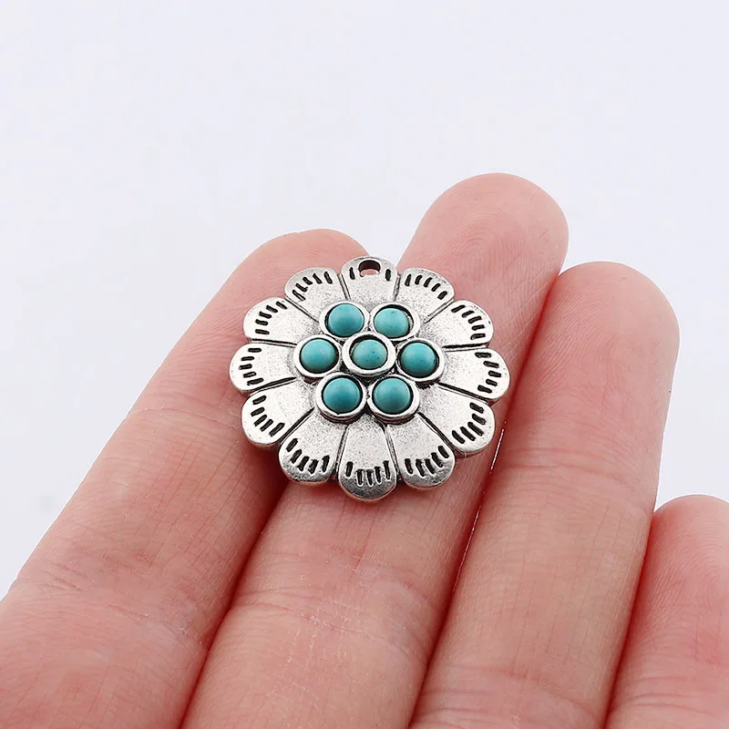 4 x Tibetan Silver Boho Imitation Turquoises Stone Flower Charms Pendants  for DIY Necklace Bracelet Making Accessories 25x25mm