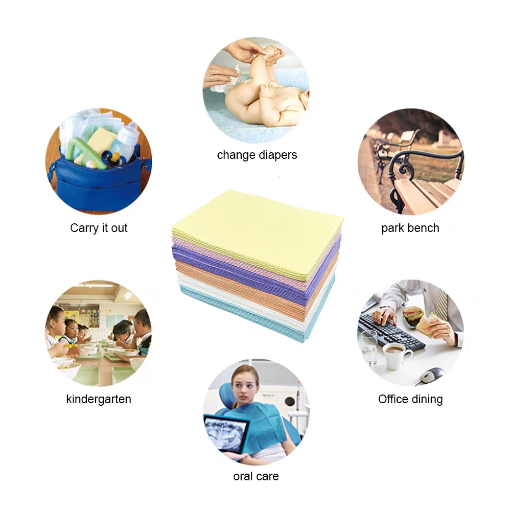 50 ورقة/حقيبة المرايل الأسنان المتاح مقاوم للماء الوشم وسادة نظيفة المناديل الملونة طبيب الأسنان وشاح غطاء الطاولة مواد طب الأسنان