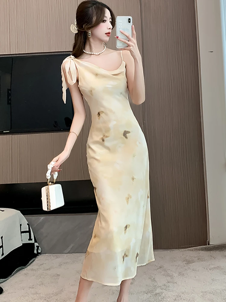 Spring Summer Print Chiffon Chic Bow Sling Dress+White Knitted Shawl Two Piece Sets 2024 Women Boho Korean Elegant Casual Suits