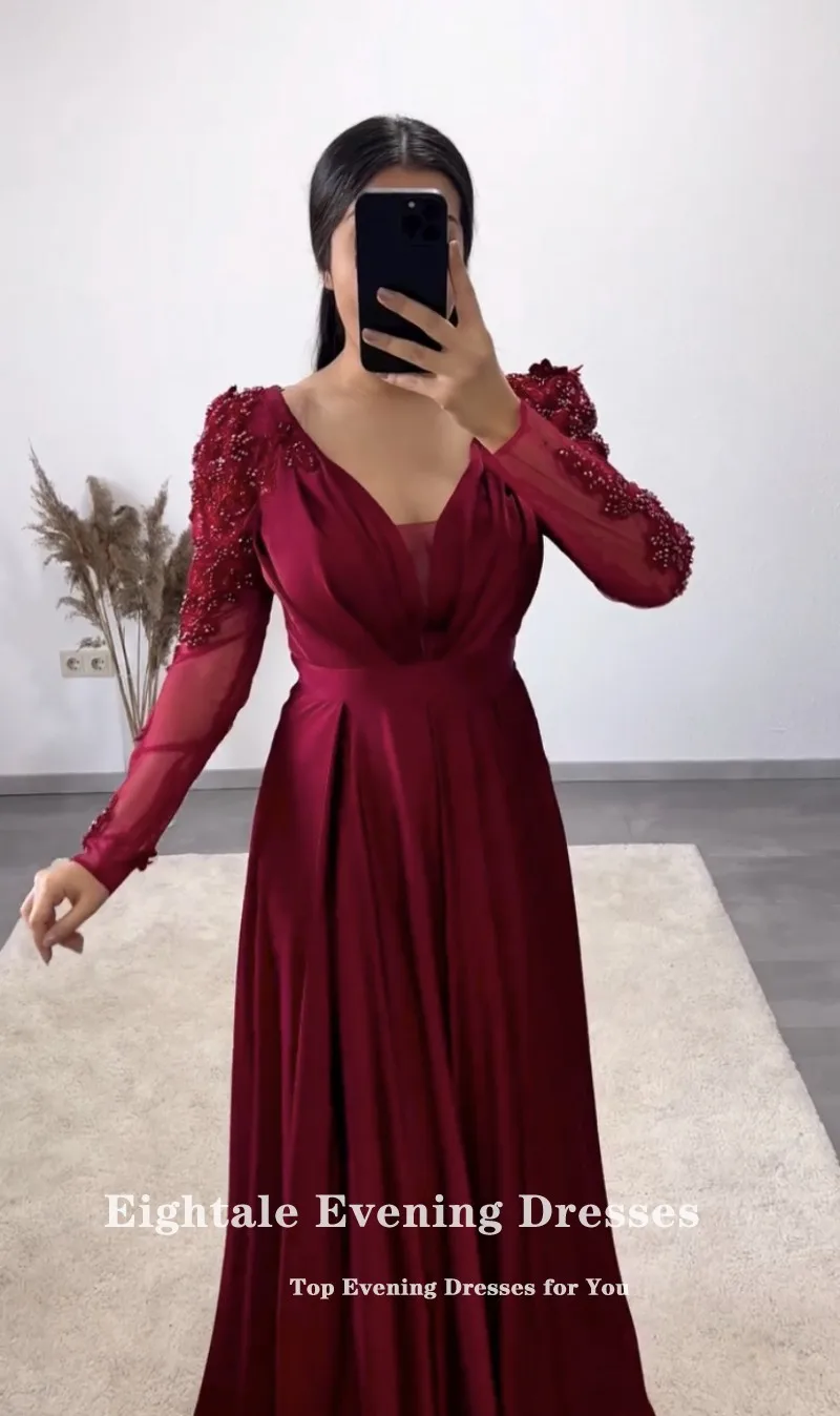 Eightale Burgundy Evening Dress for Wedding Party V-Neck Appliques Beaded Satin Long Sleeves A-Line Celebrity Formal Prom Gowns