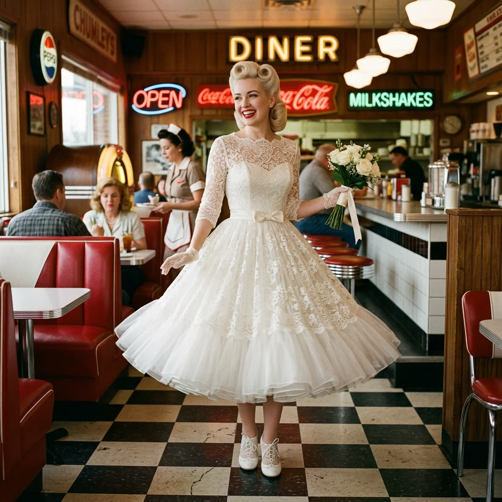 Vintage 1950s Lace Tea Length Wedding Dress with 3/4 Sleeves & Bow Sash Retro Rockabilly Bridal Gown