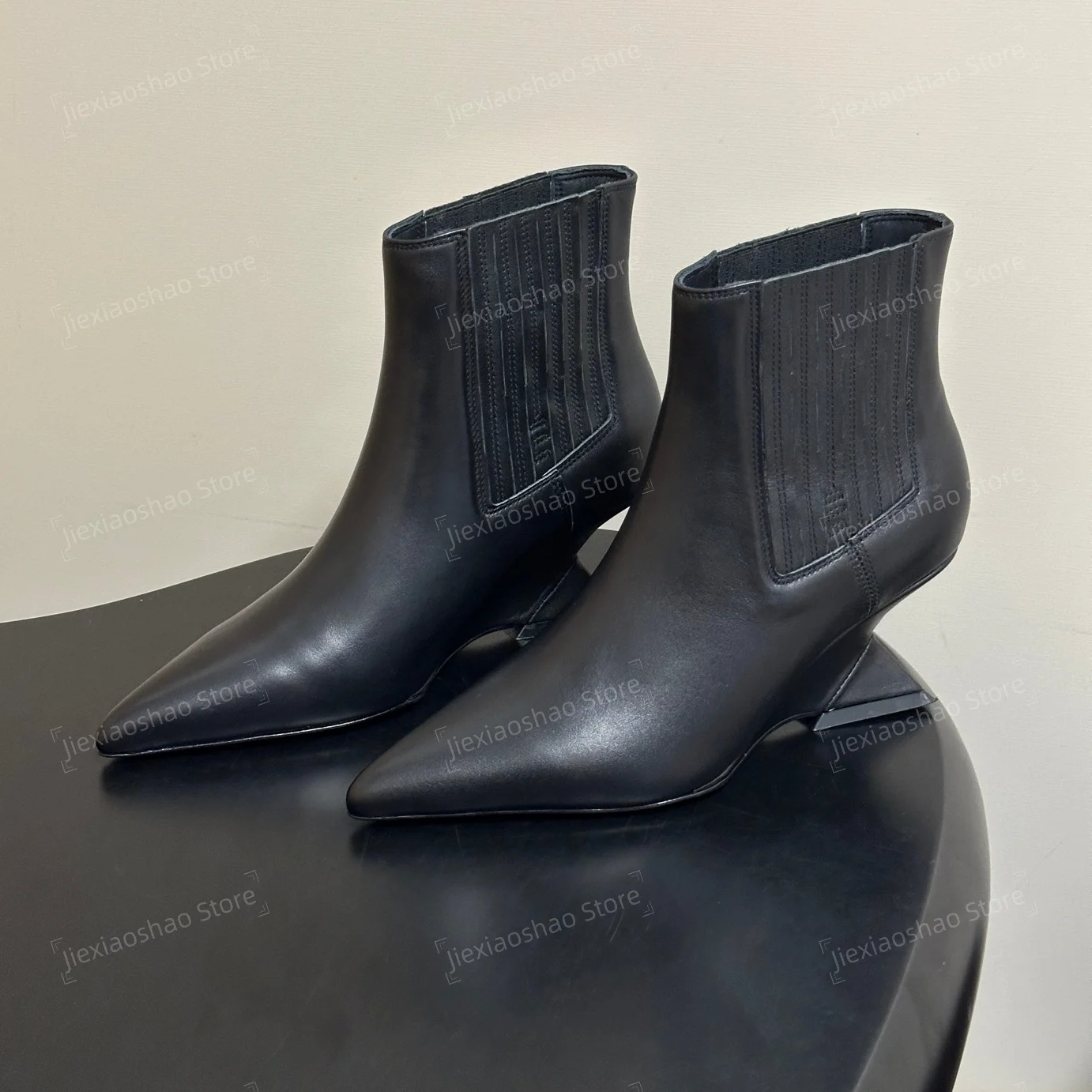 Desinger Shoes 2026 New Arrival Autumn Genuine Leather Pointed-toes Wedges Elastic Ankle Boots Chelsea Boots Zapatos De Mujer