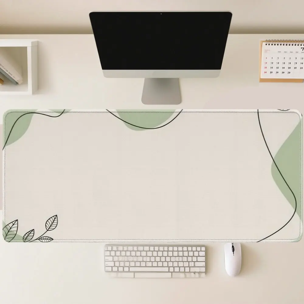 Aesthetic Neutral Boho Desk Pad, Extended Non-Slip Rubber Mouse Mat with Soft Green Shapes & Leaf Sketch for Daily Use