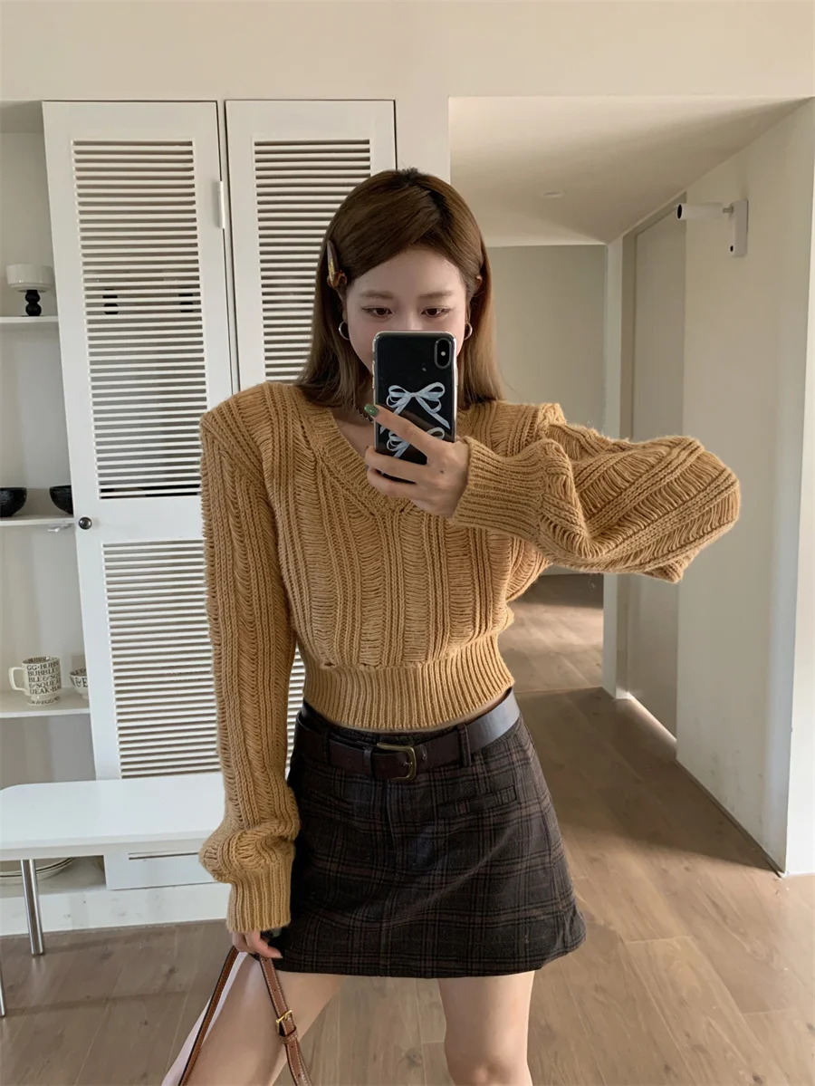 Design Sensation Hollow V-ne ort Sweater Dames losse slanke hoge taille buik ow gebreide top Lantern Sve Long Sve