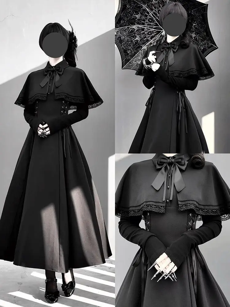 Gothic Y2K Lace Patchwork Black Midi Dress Women Japanese Splicing Lace Up Long Dress Sweet Lolita Bow Witch Anna Vestidos Mujer