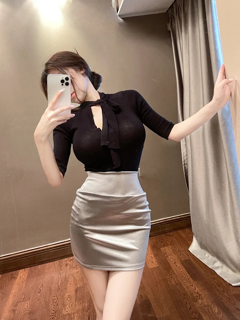 

Thin Knitted irt with Belt Design High Waist V-Ne Modal Fabric Korean Sle Office Lady Summer Faion Fem Top