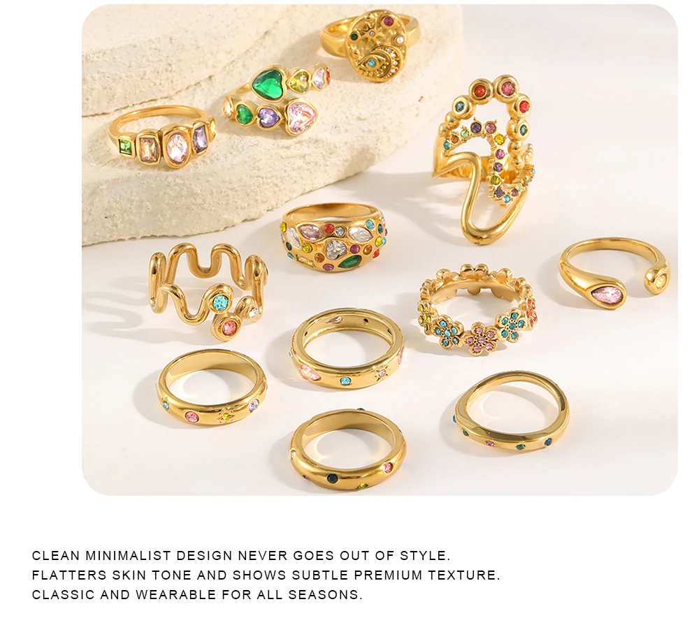 MamacitaSlay 316L Stainless Steel Multicolored CZ Stackable Ring 18K Gold Plated Vintage Waterproof Jewelry For Women Daily Wear