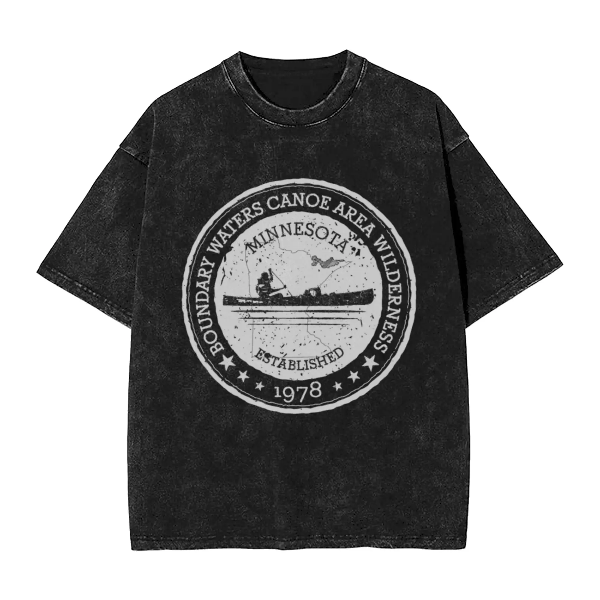 Minnesota Boundary Waters Vintage Style Stamp - White  Unique Chic A Washed T Shirt Men's Women's Oversized Cotton Tees Tops