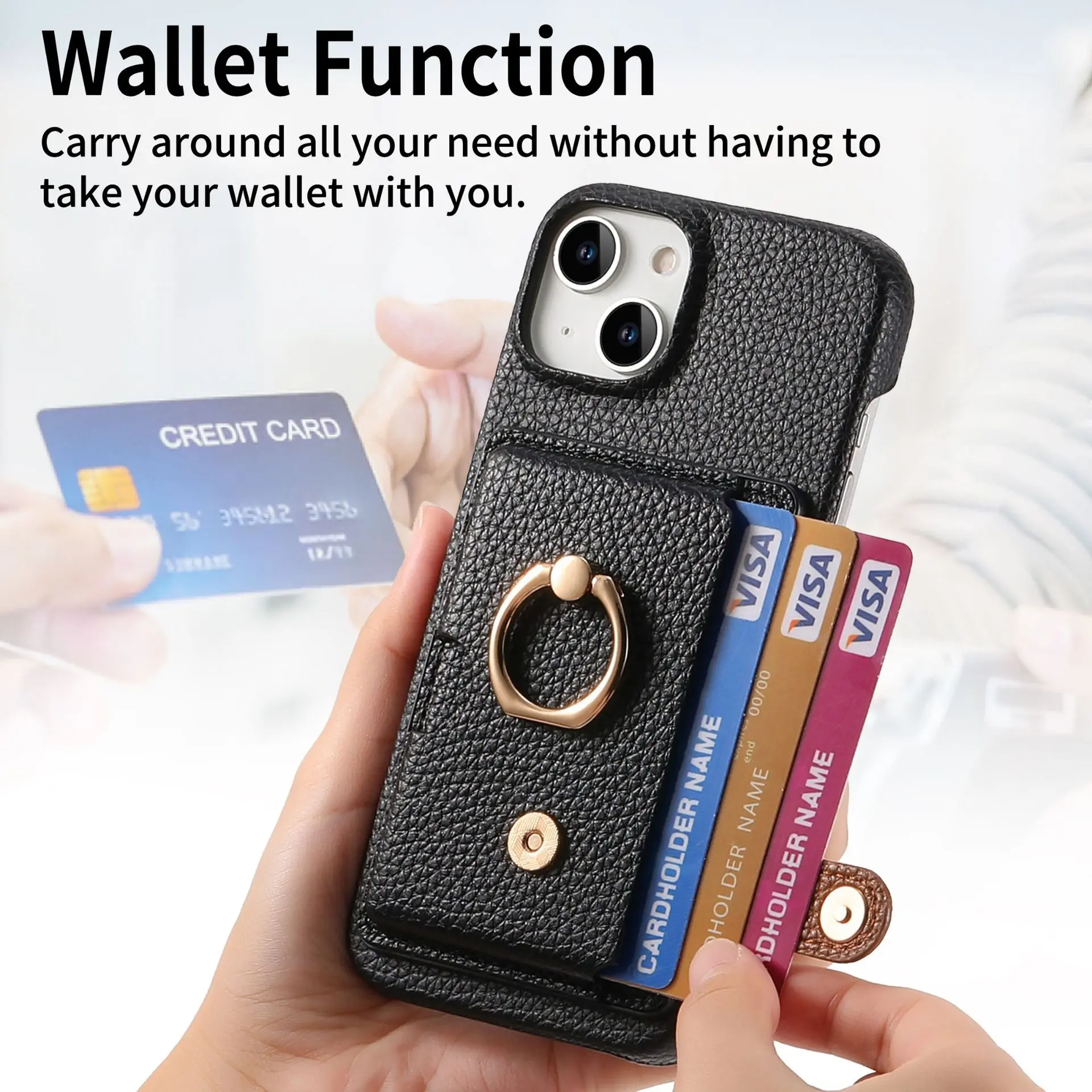Leather Ring Support Phone Case for IPhone 17 Air 16E 18 16 15 14 13 12 11 Pro Max Plus Wallet with Card Holder Shockproof Cover