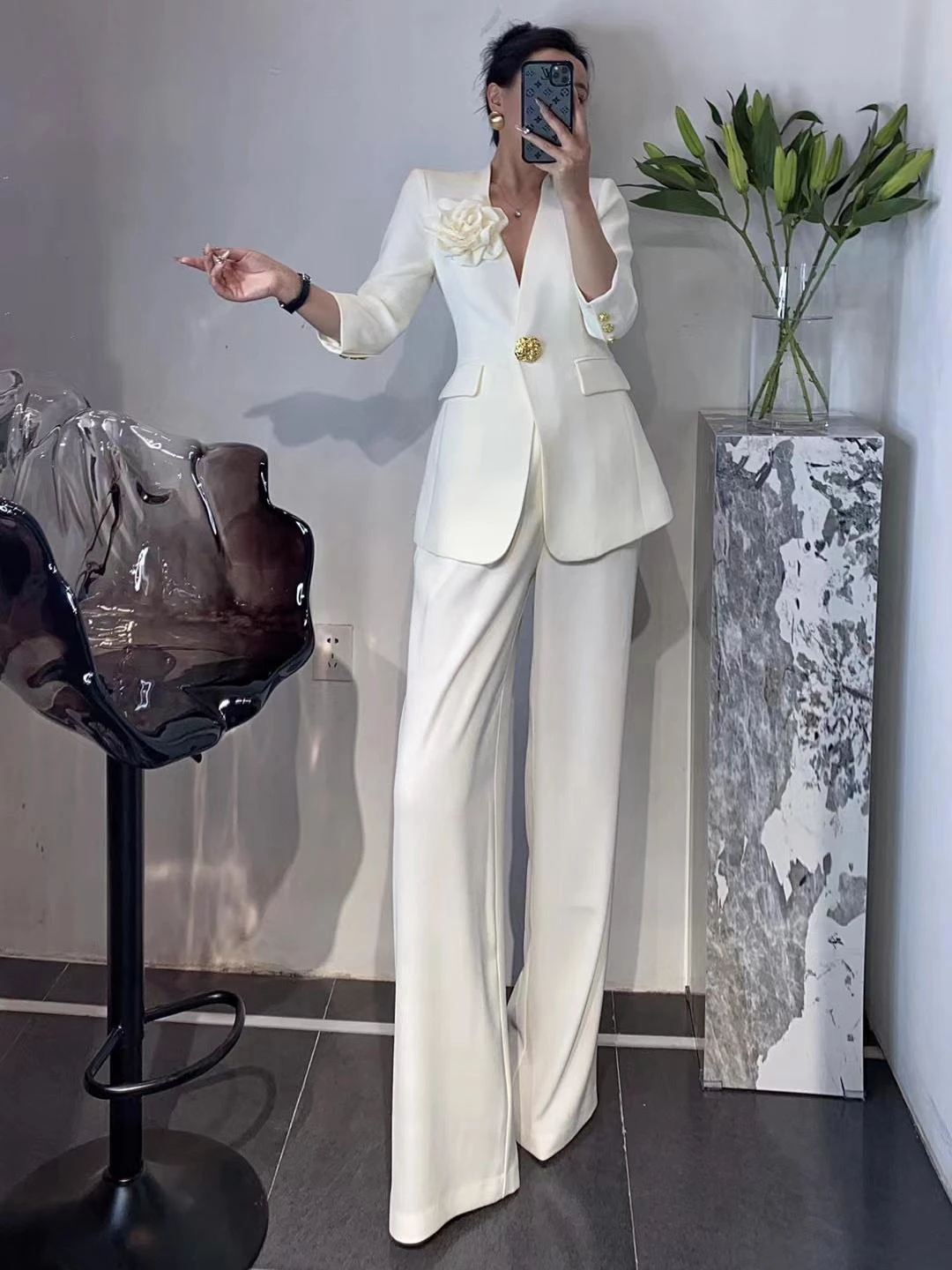 Senior Business Suit Elegant Lady Commute Style Fashion Three-Dimensional Flower Gold Buckle Slim Coat Wide Leg Pants 2Piece Set