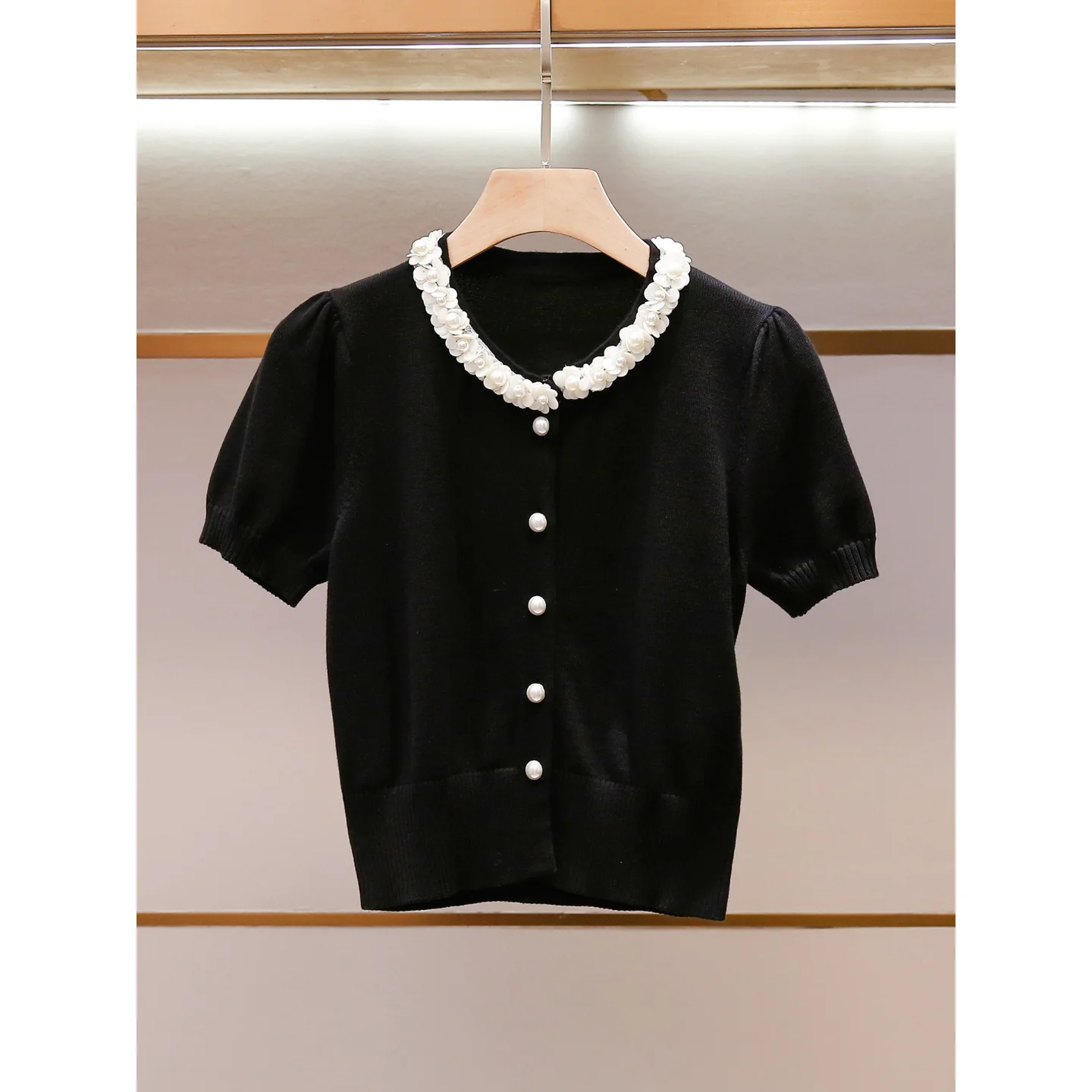 South Oil High-End Women's Summer New Light Maturity Style Slimming Beaded Lace Short Sleeve Knitted Top Ladylike Commute Style