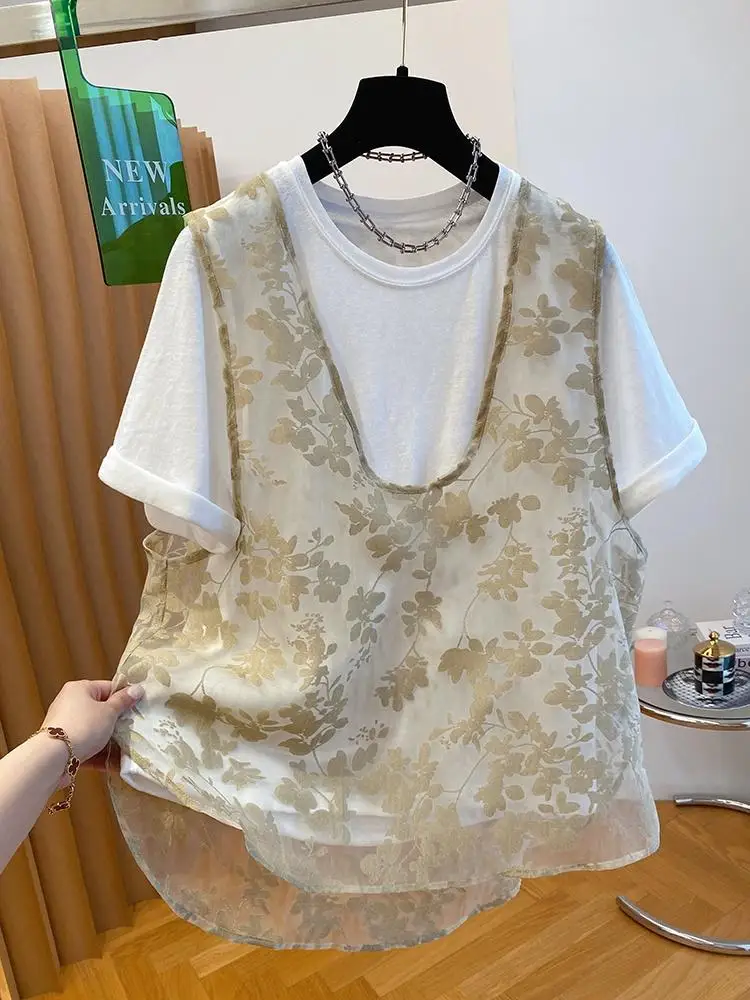 

Lace Mesh Vest And Short Sleeved T-shirt Two-piece Top for Women's Summer 2025 New Loose Fashion Shirt